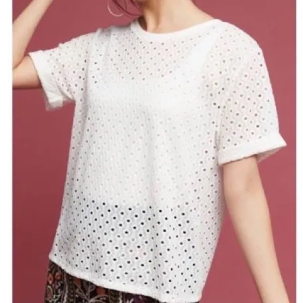 2 FOR $20 9-H15-STCL Anthropologie White Eyelet Sheer Boxy Blouse Oversized XS - Picture 1 of 9